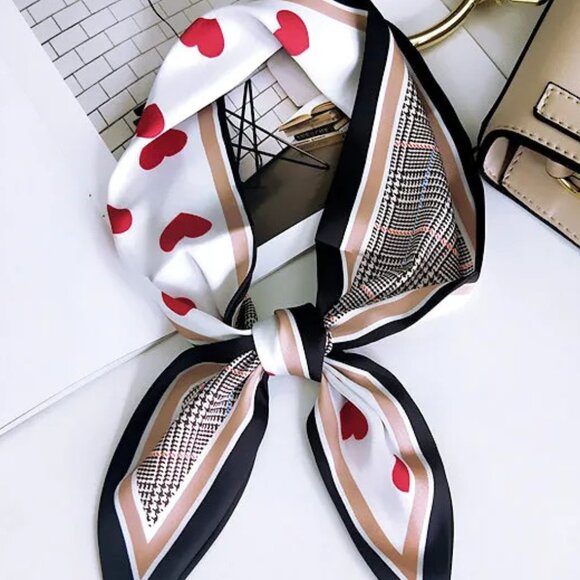 2/$30 Silk Satin Scarf Red Hearts & Geometric Print Neck, Hair, Bag Accessory - Picture 4 of 4